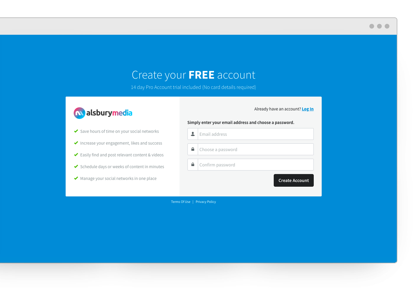 Social Media Management Tool Sign Up Screen
